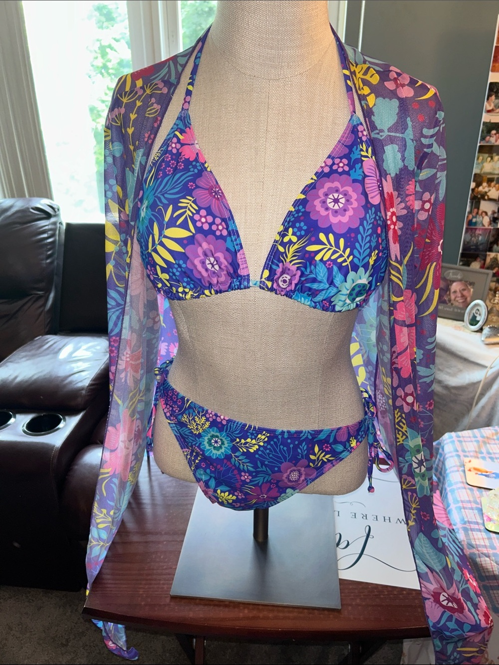 Women’s 3-piece Bikini floral pattern with Purple,Pink & Yellow! Size Large